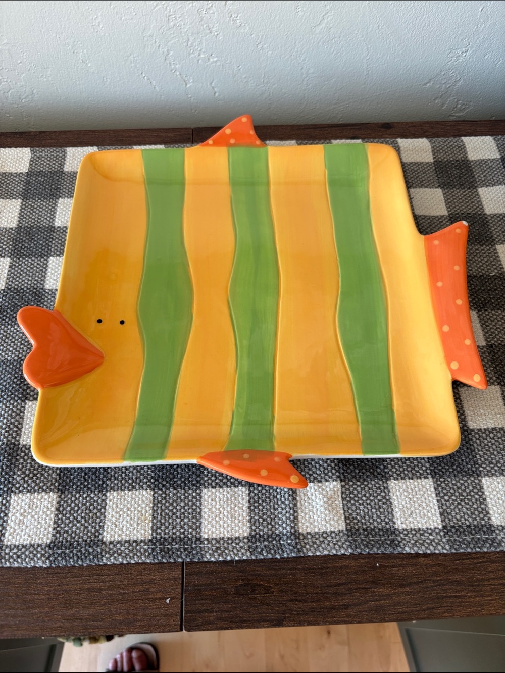Yellow & Green Striped Fish Serving Platter with Orange Accents
